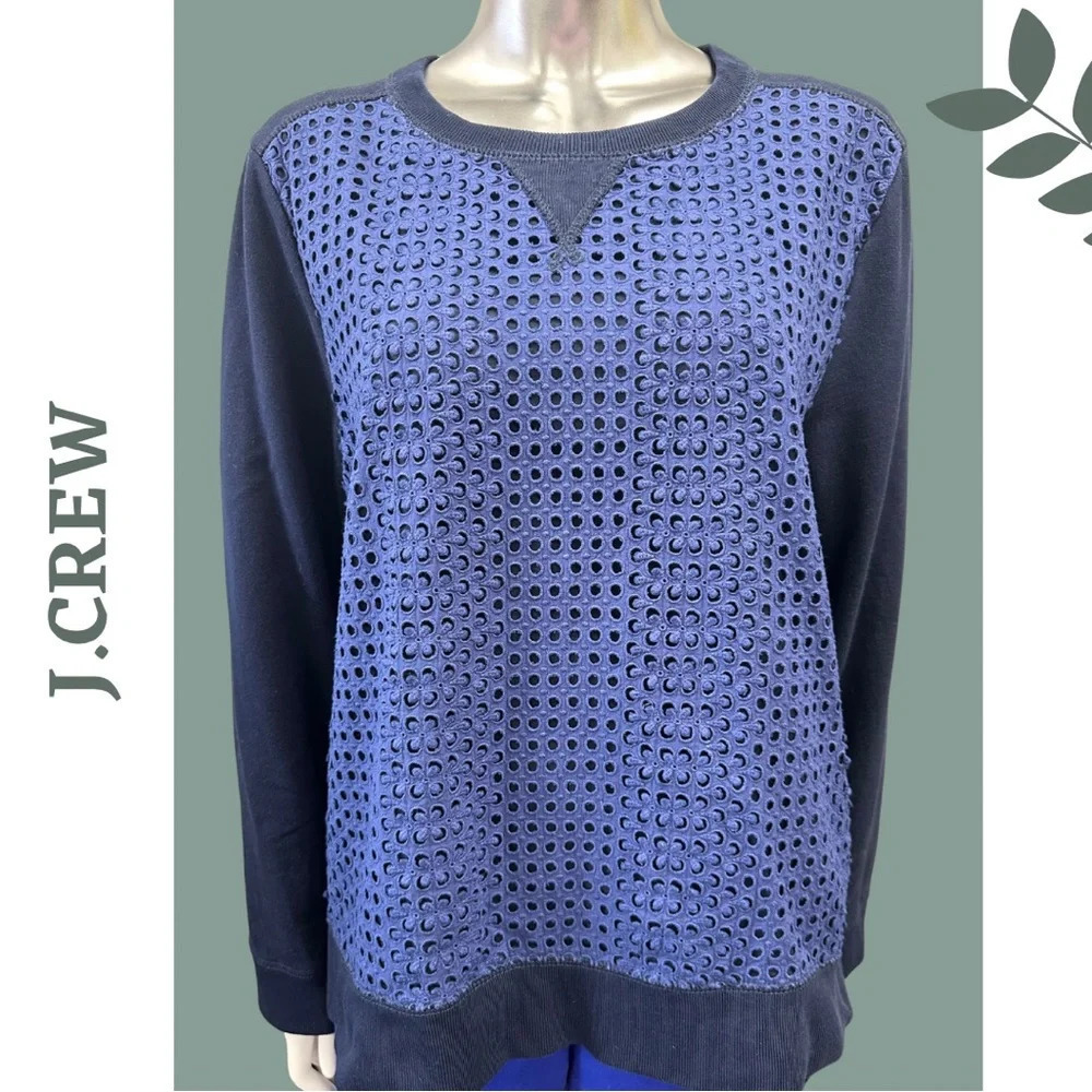J. Crew Women’s Eyelet Pullover Knit Top Navy  & Blue Lomg Sleeve Size XL